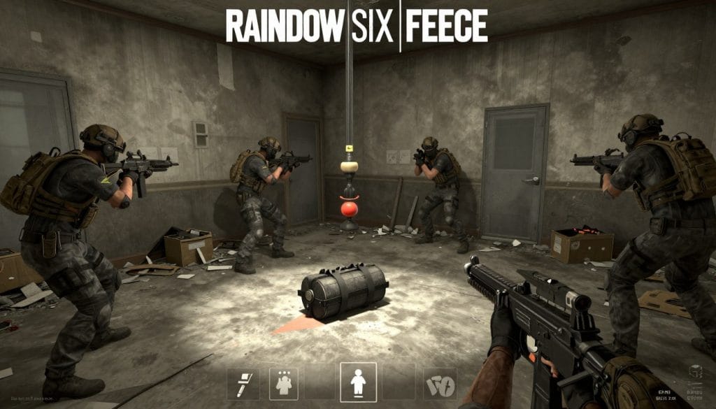 Rainbow Six Siege bomb defusal mode showing an attacker planting the defuser while teammates cover