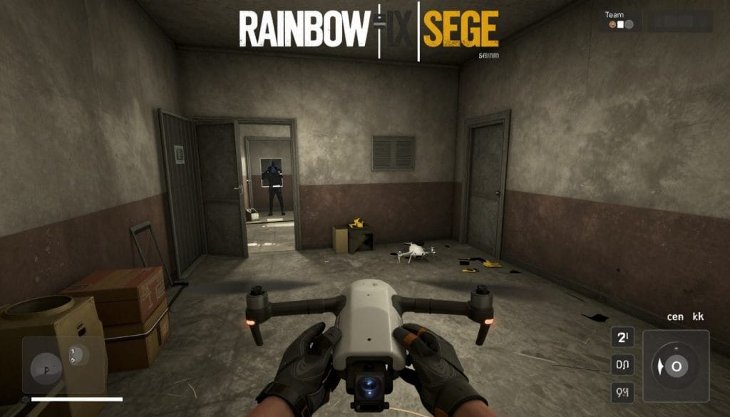 Rainbow Six Siege drone phase showing a player scouting a room with a small remote-controlled drone
