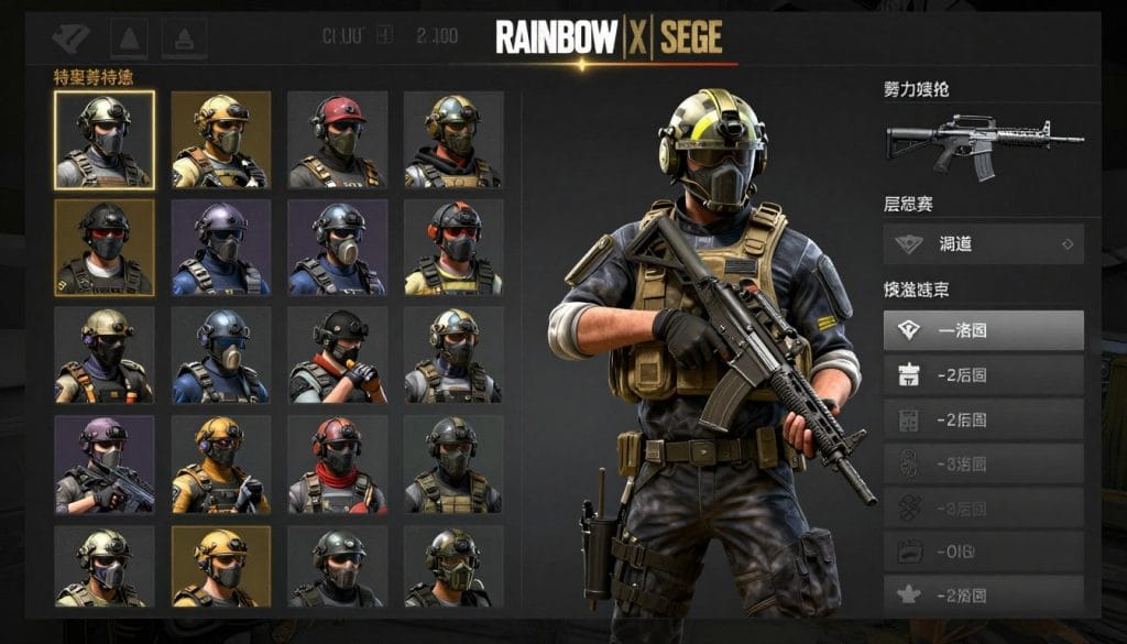 Rainbow Six Siege operator selection screen showing different special forces characters with their unique gadgets and weapons