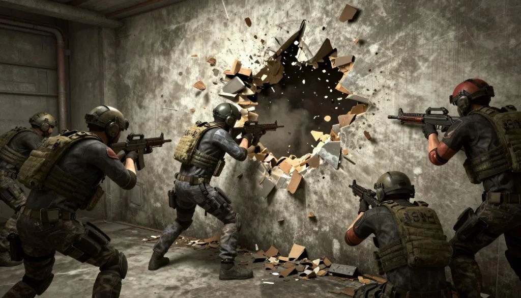 Rainbow Six Siege showing tactical team-based combat with destructible environments