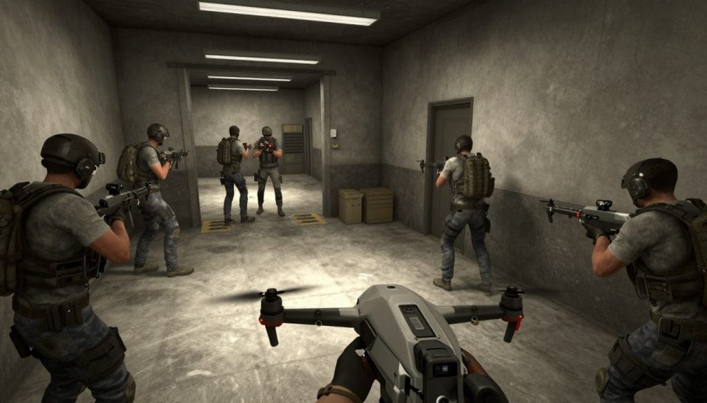 Rainbow Six Siege team coordination showing players using drones to scout an area before breaching