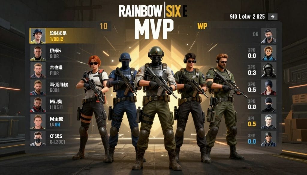 Rainbow Six Siege victory screen showing a team of operators posing after winning a match