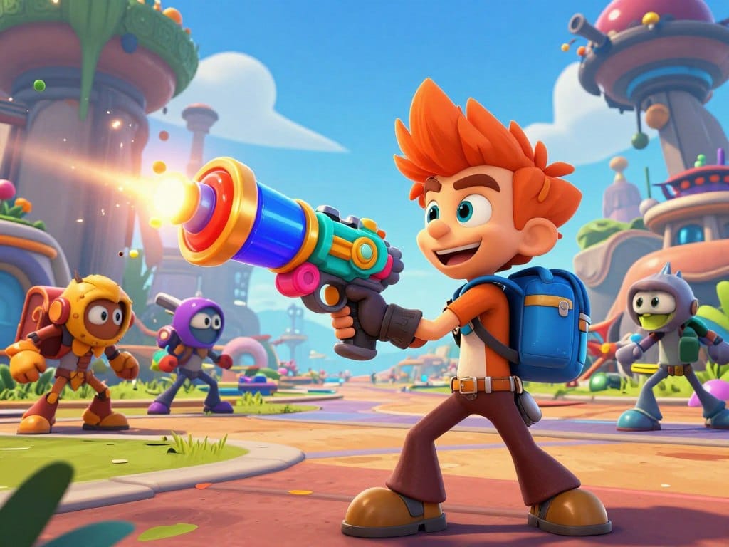 Ratchet & Clank: Rift Apart gameplay showing the colorful weapons and environments of this third-person shooter platformer