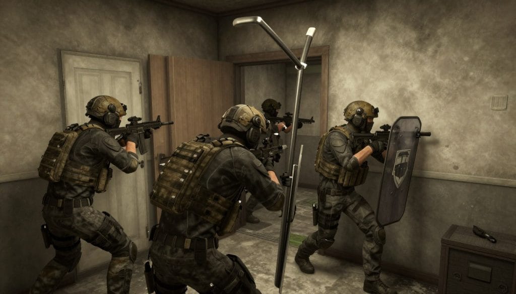 Ready or Not gameplay showing SWAT team breaching a room with tactical equipment