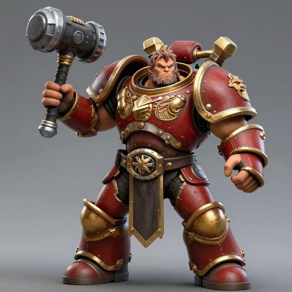 Reinhardt character from Overwatch game charging with his hammer