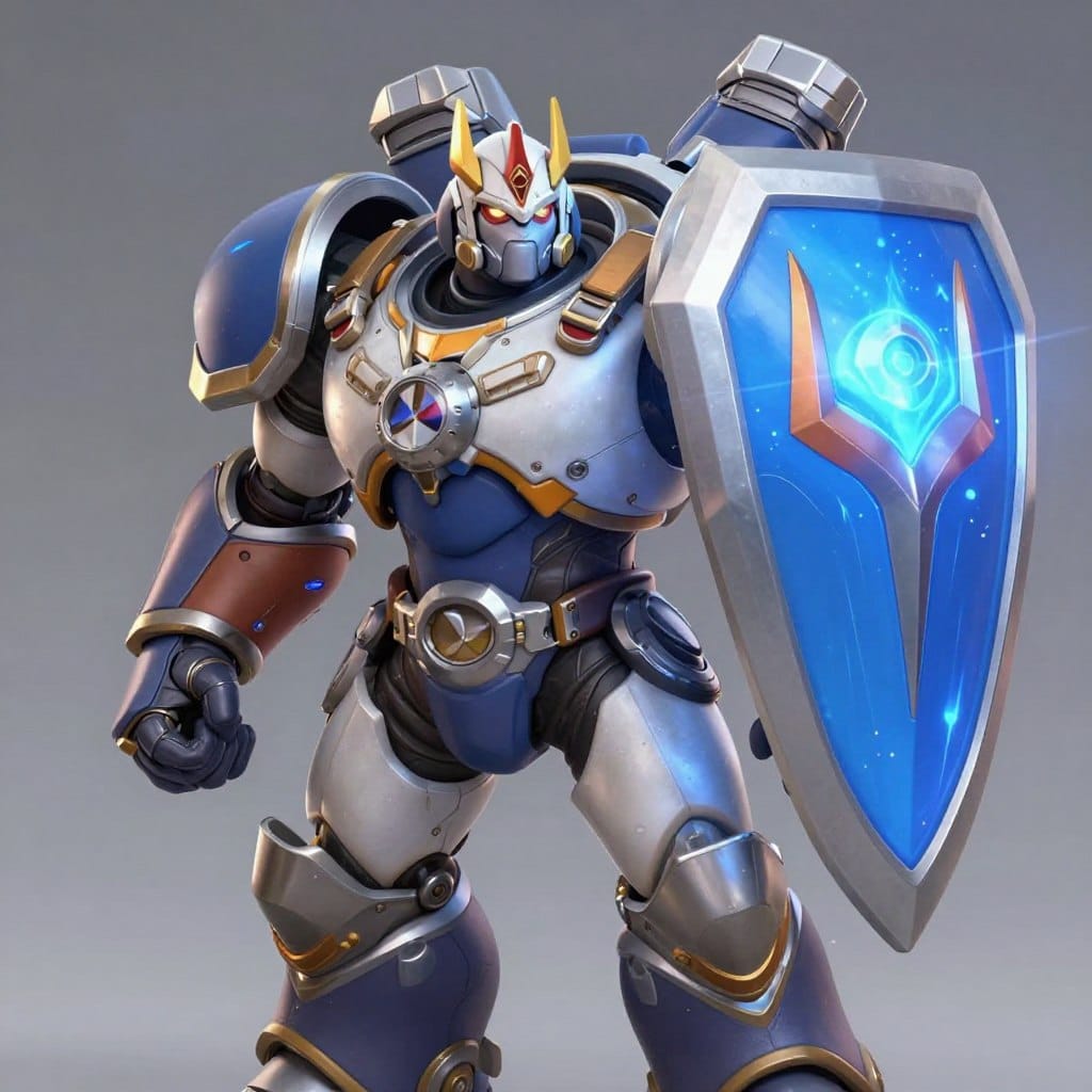 Reinhardt character from Overwatch game with his shield deployed