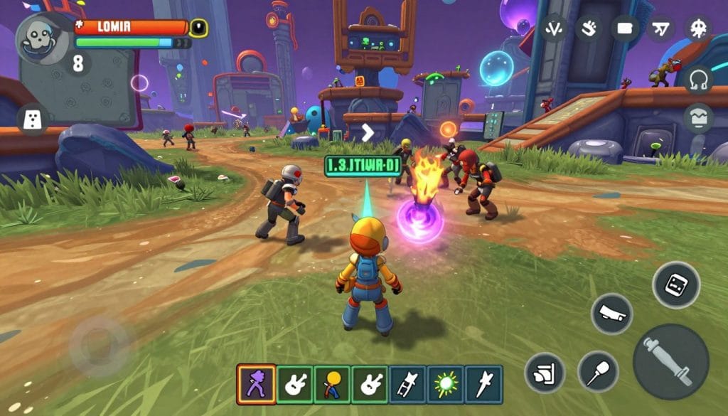 Risk of Rain 2 character surrounded by enemies and item pickups in a colorful alien environment