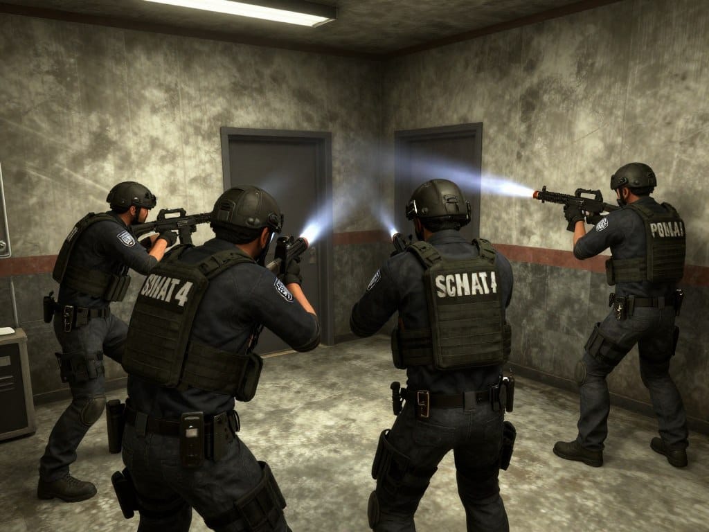 SWAT 4 gameplay showing tactical team clearing a room with non-lethal equipment