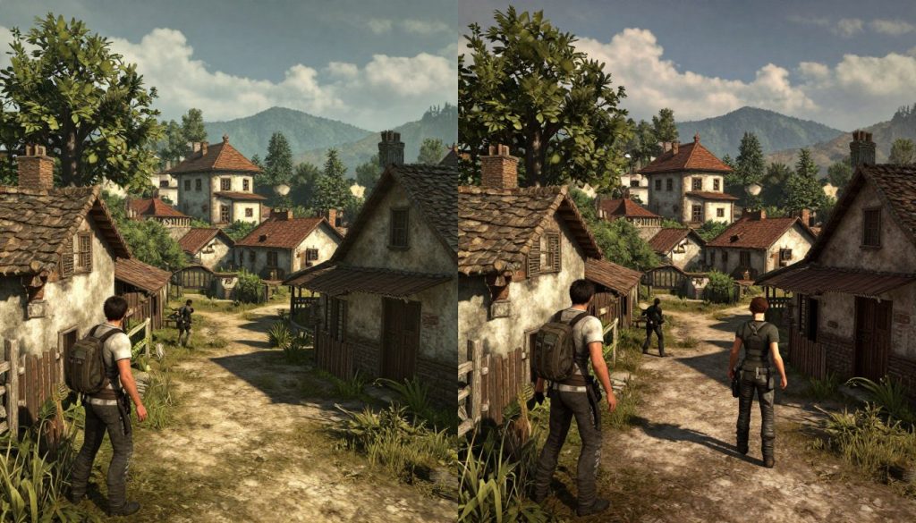 Side-by-side comparison of the original Resident Evil 4 and the remake showing visual improvements