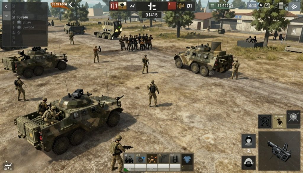 Squad gameplay showing large-scale tactical combat with vehicles and infantry