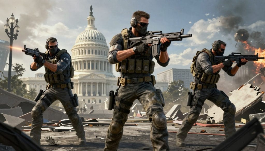 The Division 2 agents in tactical combat in a post-apocalyptic Washington DC