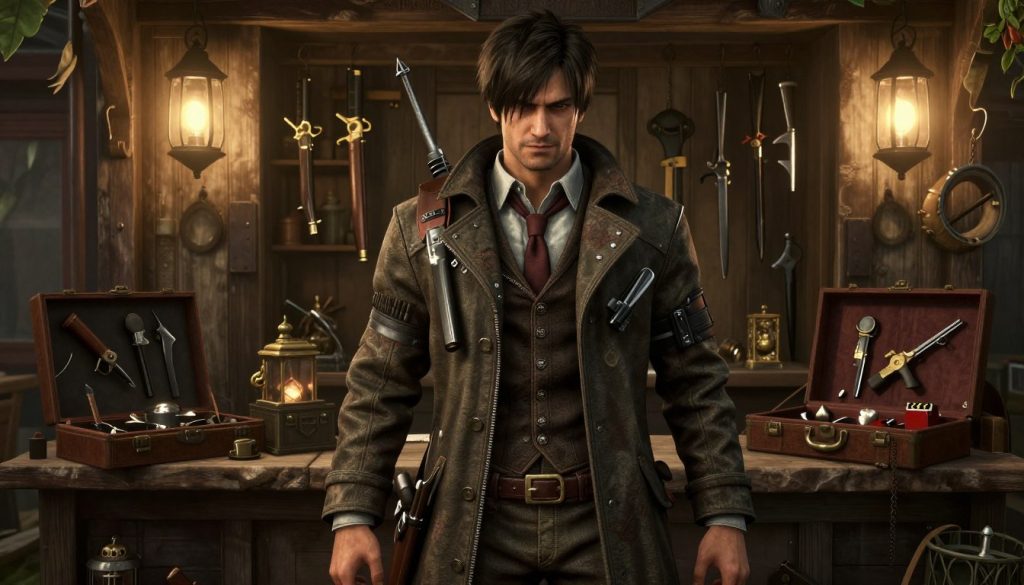 The Merchant character from Resident Evil 4 with his selection of weapons and upgrades
