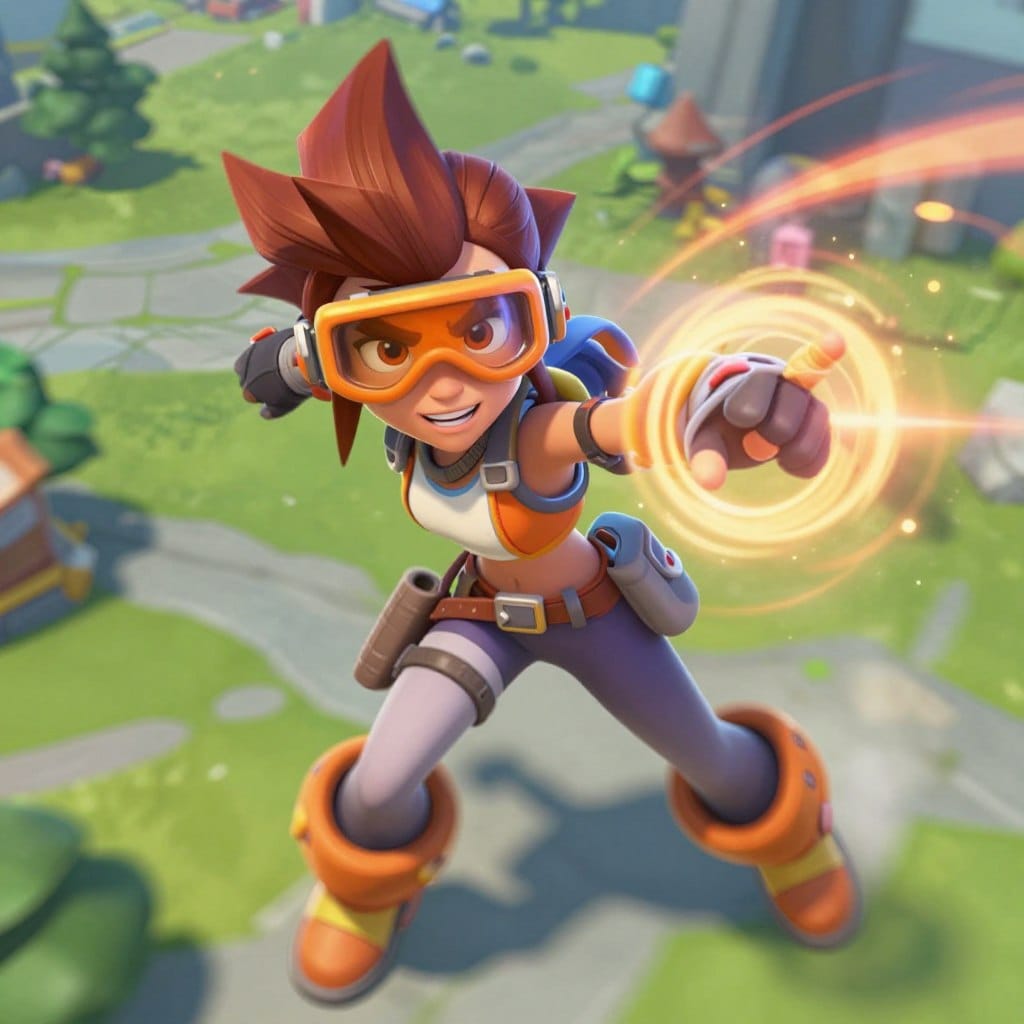Tracer character from Overwatch game showing her time-manipulation abilities