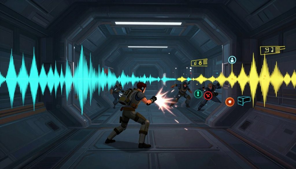 Vanquish game audio visualization showing combat sounds and musical elements during an intense battle scene