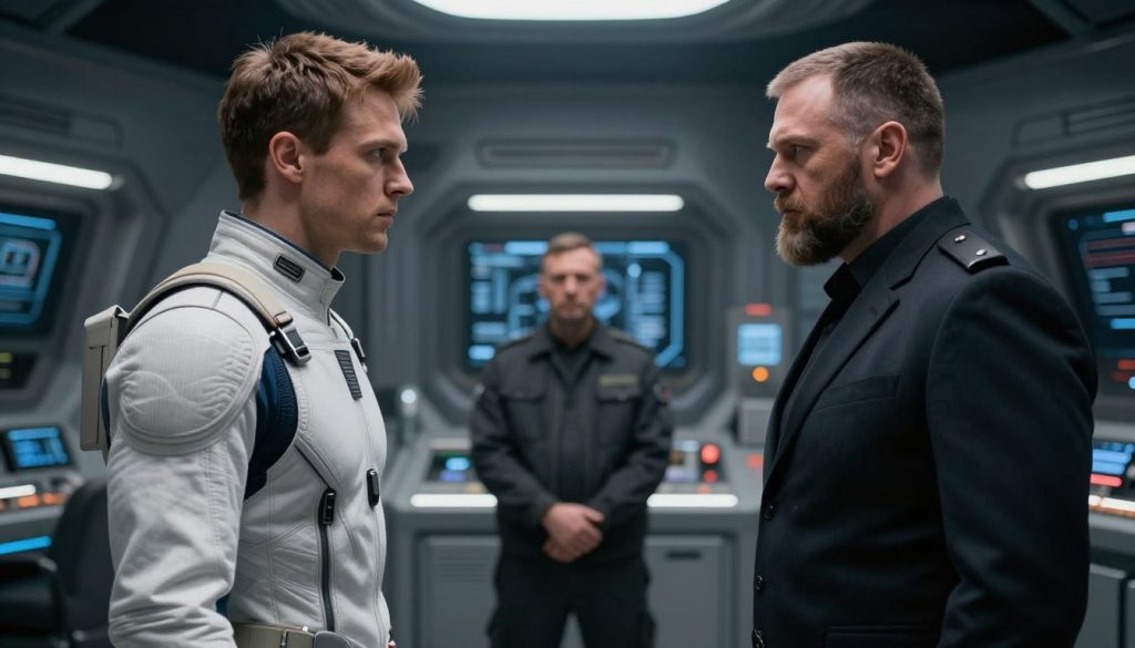 Vanquish game cutscene showing Sam Gideon facing off against the Russian antagonist Victor Zaitsev