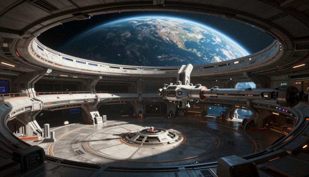 Vanquish game environment showing the futuristic space station with Earth visible in the background