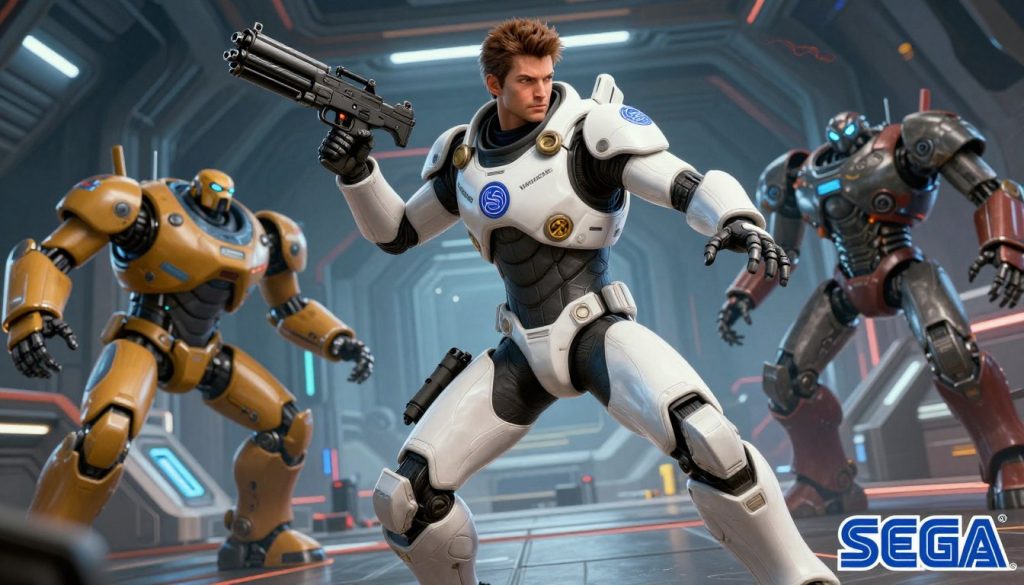 Vanquish game promotional art showing Sam Gideon in his ARS suit with various weapons and enemies