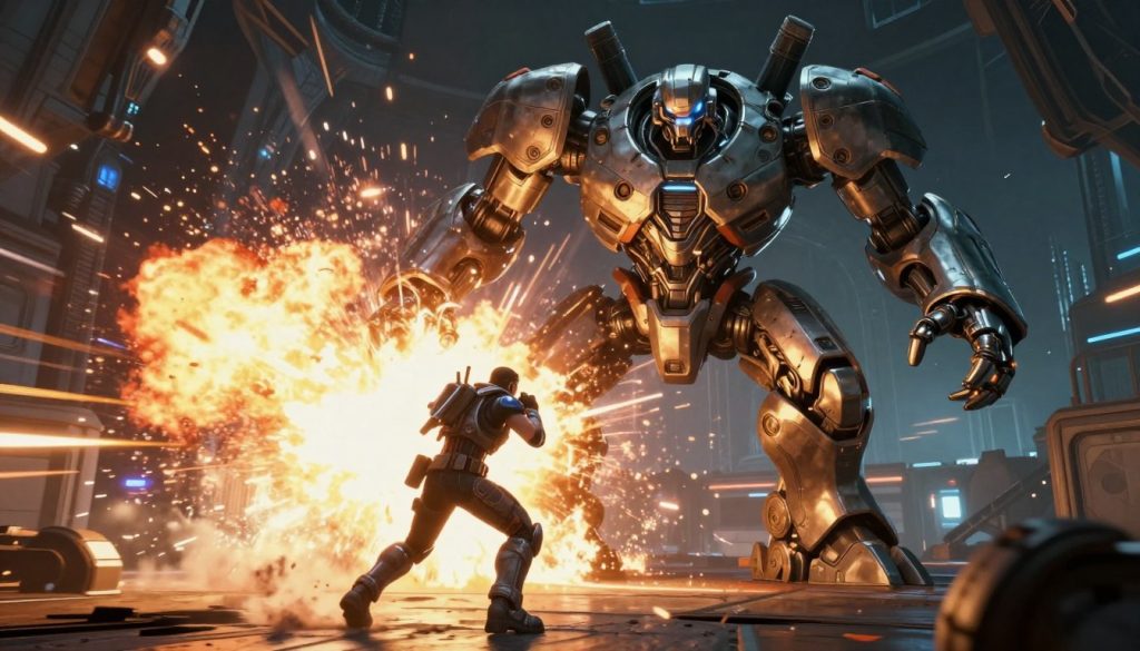 Vanquish game showing a massive boss battle with spectacular visual effects and explosions