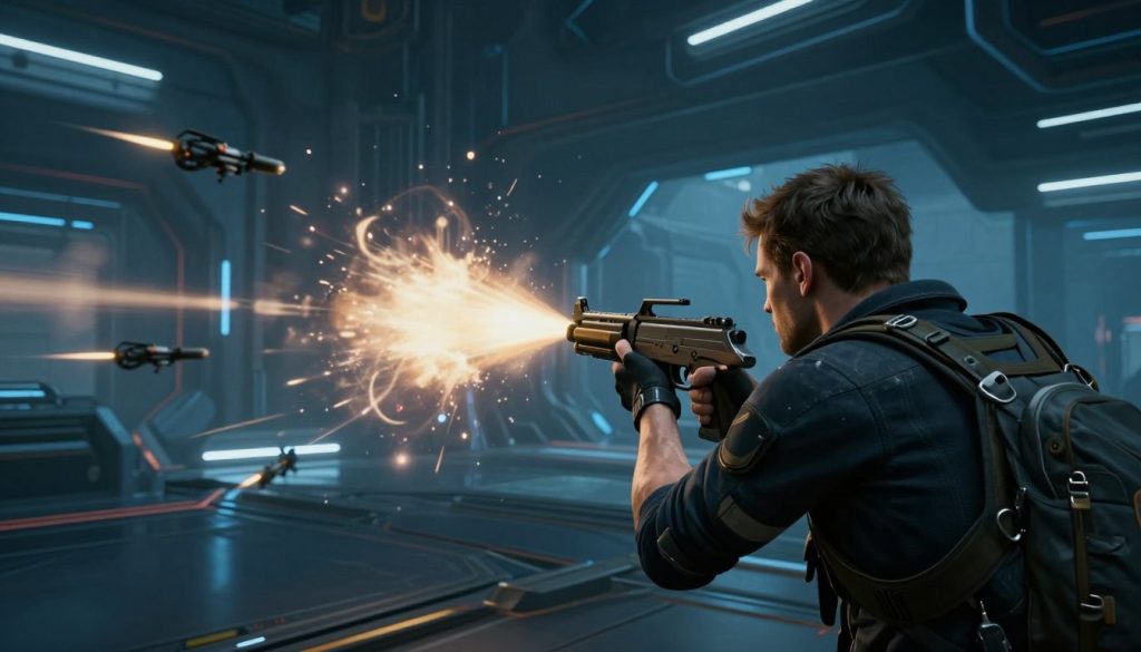 Vanquish game showing the bullet-time effect with enemies and projectiles moving in slow motion while Sam aims