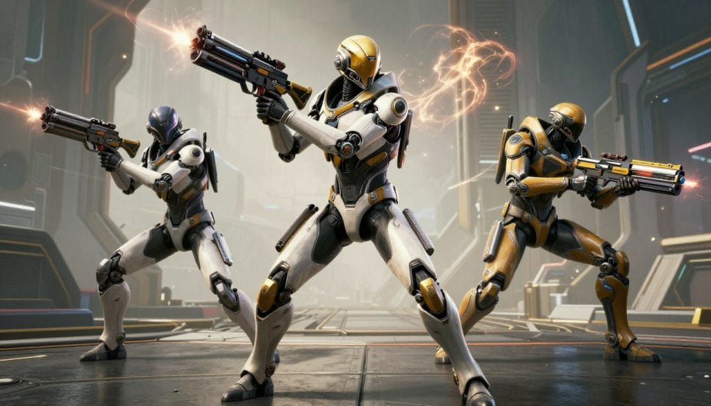Warframe characters in dynamic combat poses with futuristic weapons