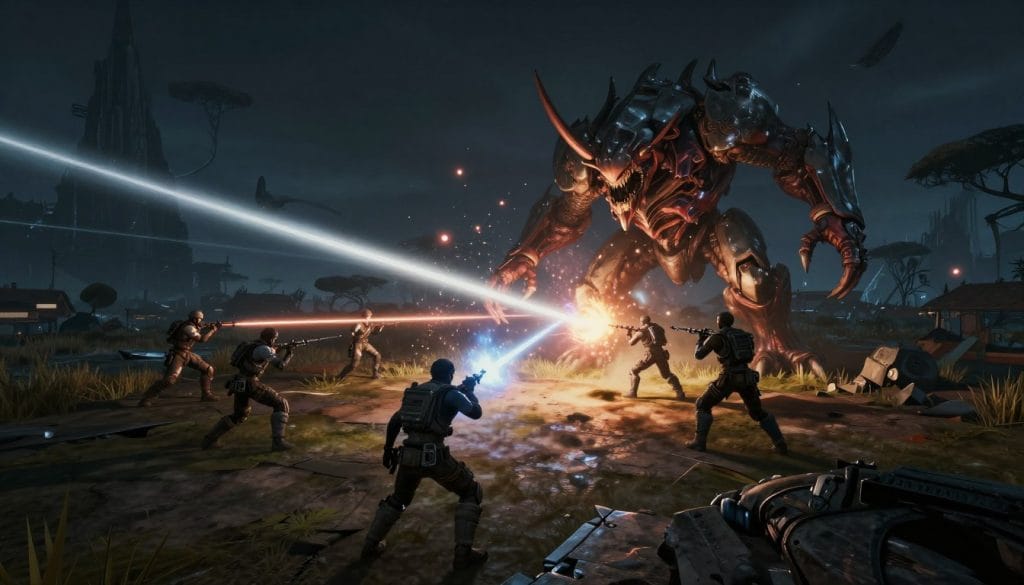 Warframe community event showing multiple players fighting an Eidolon boss for Warframe game review