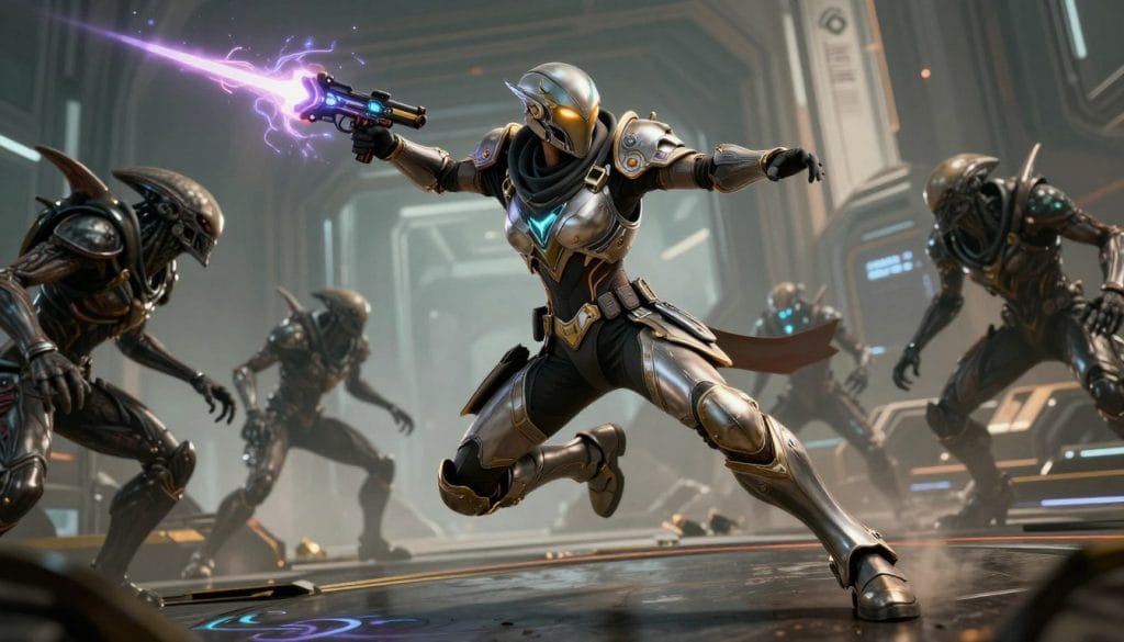 Warframe gameplay showing the fast-paced movement and unique aesthetic of this free-to-play third-person shooter