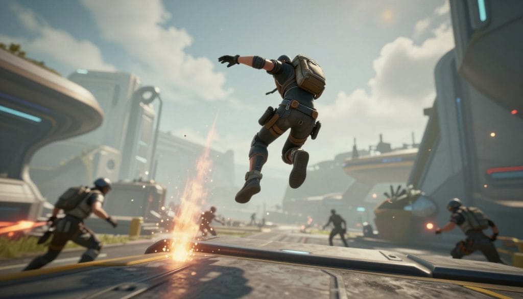 Warframe parkour movement system showcased in a dynamic action scene for Warframe game review