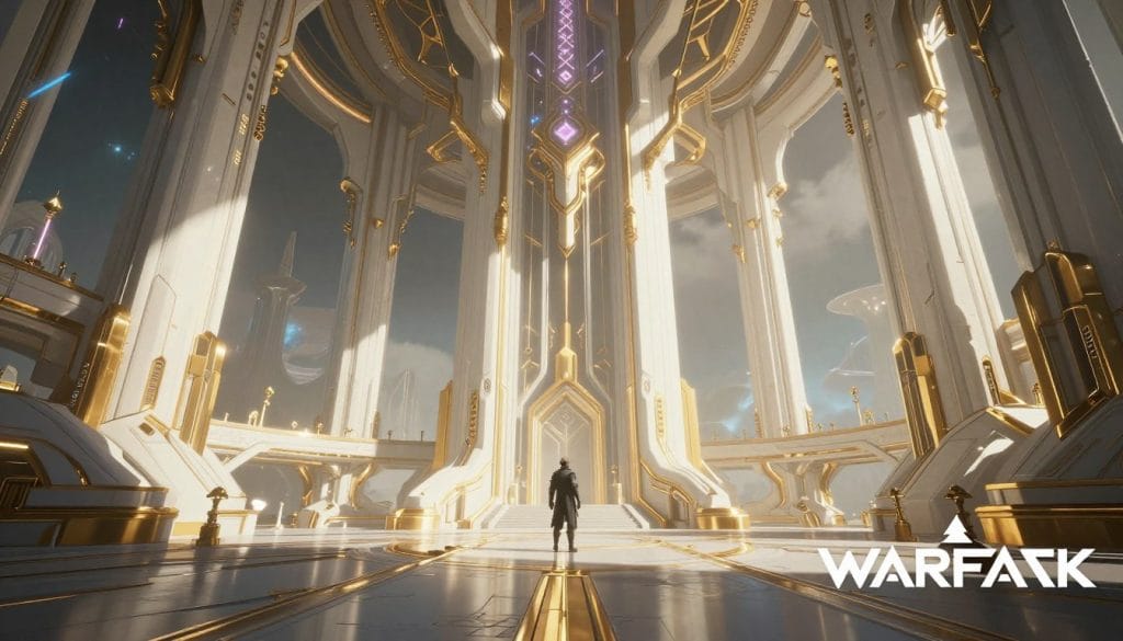 Warframe's unique art style showing techno-organic environment design for Warframe game review