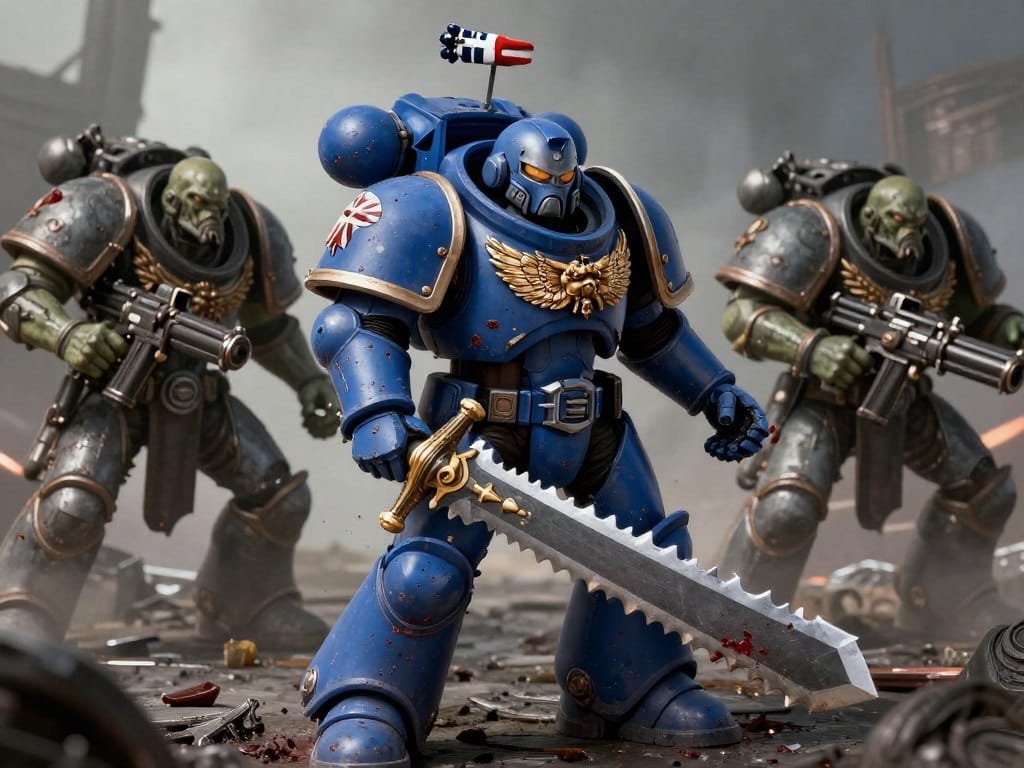 Warhammer 40K: Space Marine gameplay showing the brutal melee and ranged combat that defined this third-person shooter
